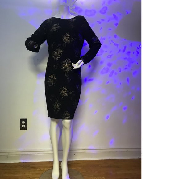 Le Chateau Black Gold Flowers Metallic V-back Evening Cocktail Bodycon Dress NWT - Picture 5 of 5